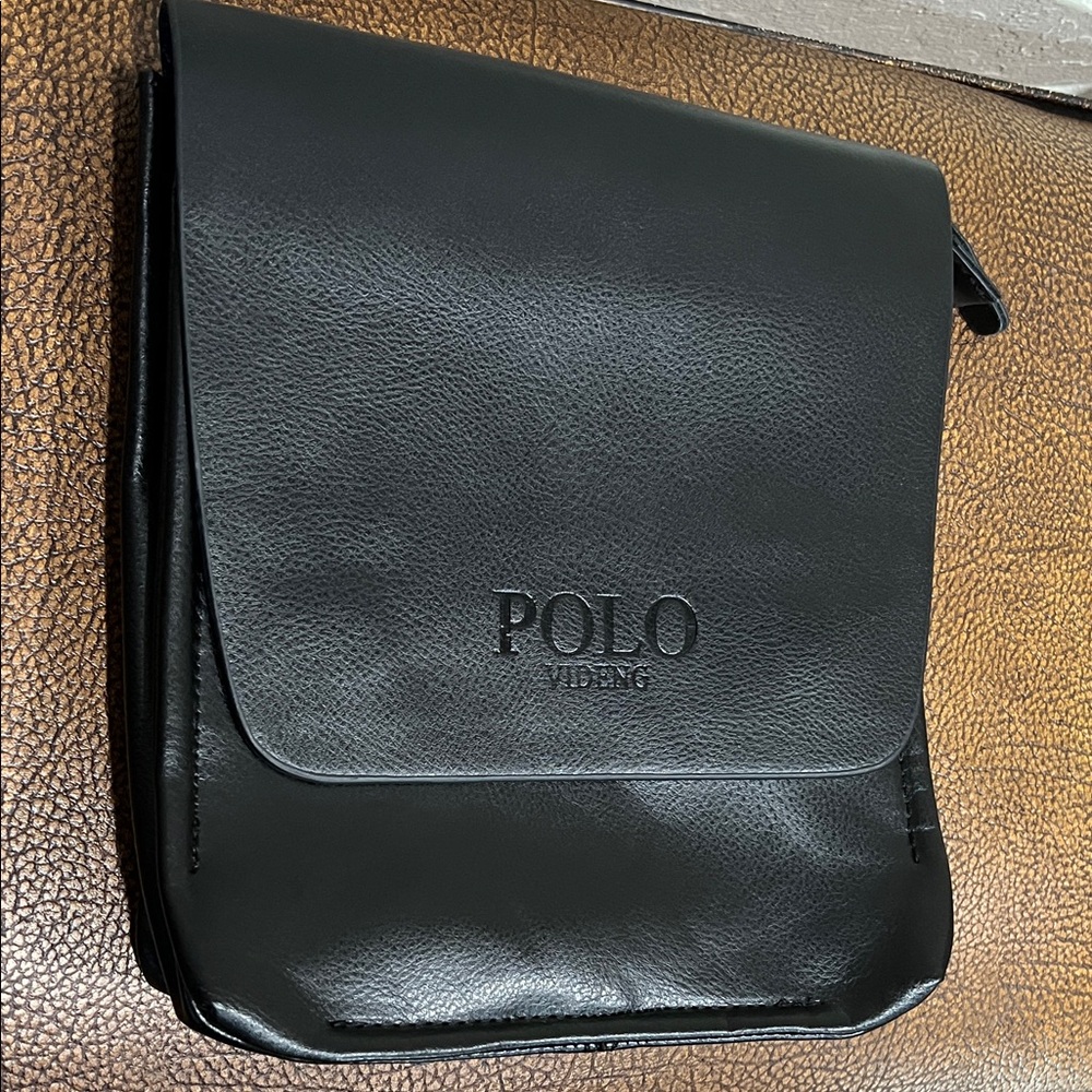 Like New Polo Videng Black Leather like Messenger Bag with 4 Zipper areas!